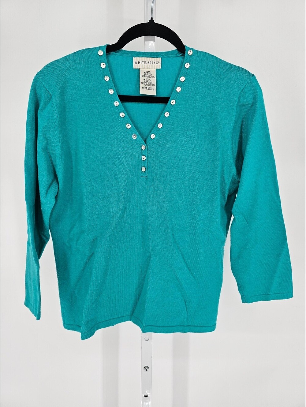 White Stag Womens Sz M 3/4 Sleeve V Neck T Shirt Bright Teal Blue